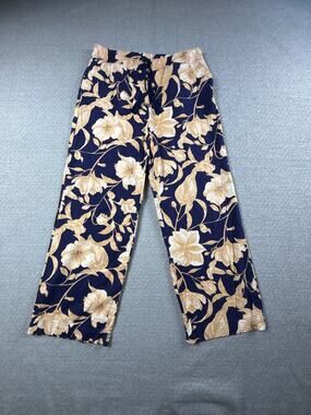 Joie Sz L Linen Blend Pants Floral Tan & Navy Beach Resort Style Flowy Wide Leg
